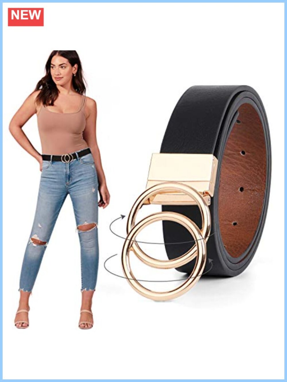Women's Reversible PU Leather Waist Belt with Gold Double O Ring Buckle